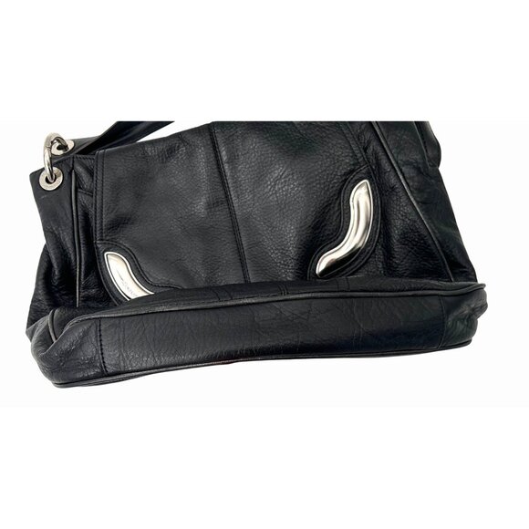 B MAKOWSKY BLACK LEATHER PURSE BAG w/ SILVER HARDWARE LEOPARD PRINT INTERIOR - Picture 9 of 10